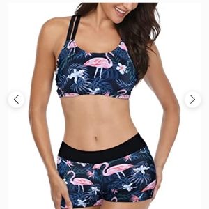 NWT Youique Strappy Swimtop with Flamingo print Size Large (Top only)